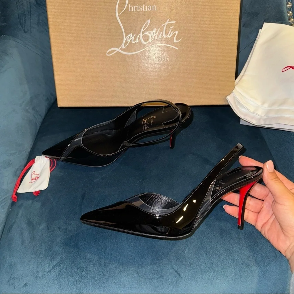 New Size 37.5 Christian Louboutin Posticha 80 leather and PVC slingback pumps